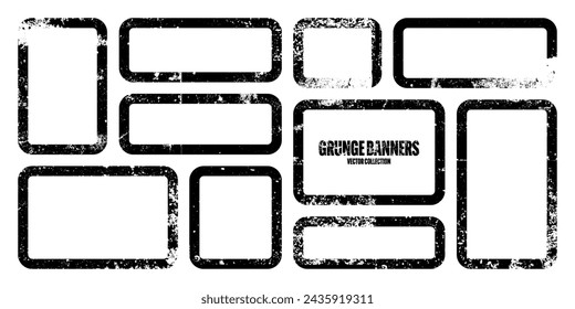 Grunge square frames, banners with stains and scratches. Brush stroke, rectangular shape design element. Distressed dirty text frame, border. Paintbrush, ink stains. Vector illustration