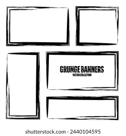 Grunge quadratische Rahmen, Banner mit Flecken und Kratzern. Pinselstrich, rechteckiges Gestaltungselement. Notbehelfsmäßiger schmutziger Textrahmen, Rahmen. Pinsel, Tintenflecken. Vektorgrafik