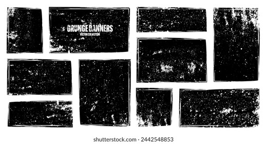 Grunge quadratische Rahmen, Banner mit Flecken und Kratzern. Pinselstrich, rechteckiges Gestaltungselement. Notbehelfsmäßiger schmutziger Textrahmen, Rahmen. Pinsel, Tintenflecken. Vektorgrafik