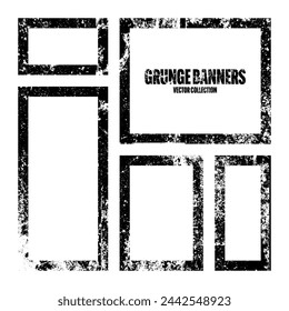 Grunge marcos cuadrados, banners con manchas y arañazos. Pincel, elemento de diseño de forma rectangular. Marco de texto dañado, borde. Pincel, manchas de tinta. Ilustración de vector