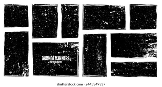 Grunge cuadros, Anuncios con manchas y arañazos. Pincel, elemento de diseño de forma rectangular. Marco de texto dañado, borde. Pincel, manchas de tinta. Ilustración vectorial
