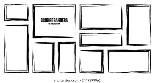 Grunge square frames, banners with stains and scratches. Brush stroke, rectangular shape design element. Distressed dirty text frame, border. Paintbrush, ink stains. Vector illustration