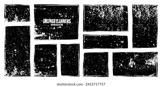 Grunge square frames, banners with stains and scratches. Brush stroke, rectangular shape design element. Distressed dirty text frame, border. Paintbrush, ink stains. Vector illustration