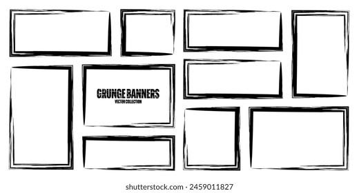 Grunge square frames, banners with stains and scratches. Brush stroke, rectangular shape design element. Distressed dirty text frame, border. Paintbrush, ink stains. Vector illustration