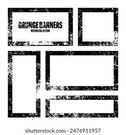 Grunge square frames, banners with stains and scratches. Brush stroke, rectangular shape design element. Distressed dirty text frame, border. Paintbrush, ink stains. Vector illustration