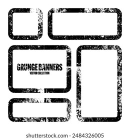 Grunge square frames, banners with stains and scratches. Brush stroke, rectangular shape design element. Distressed dirty text frame, border. Paintbrush, ink stains. Vector illustration