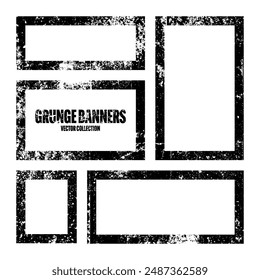 Grunge square frames, banners with stains and scratches. Brush stroke, rectangular shape design element. Distressed dirty text frame, border. Paintbrush, ink stains. Vector illustration