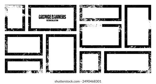 Grunge square frames, banners with stains and scratches. Brush stroke, rectangular shape design element. Distressed dirty text frame, border. Paintbrush, ink stains. Vector illustration
