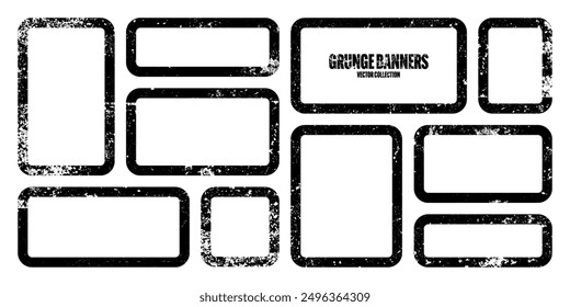 Grunge square frames, banners with stains and scratches. Brush stroke, rectangular shape design element. Distressed dirty text frame, border. Paintbrush, ink stains. Vector illustration