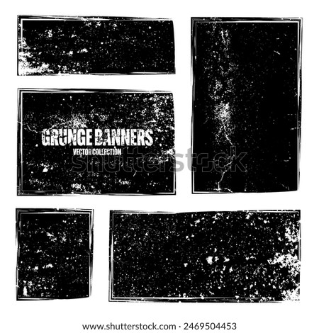 Grunge square frames, banners with stains and scratches. Brush stroke, rectangular shape design element. Distressed dirty text frame, border. Paintbrush, ink stains. Vector illustration