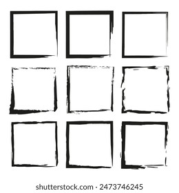 Grunge square frames. Black brush strokes. Abstract border vector. Rough edge design.