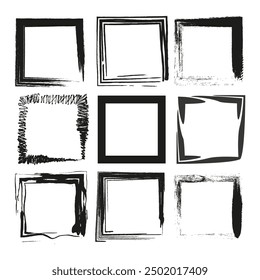 Grunge square frames. Black and white. Hand-drawn styles. Vector graphic.