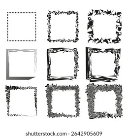 Grunge square frames. Distressed border elements. Rough texture design. Vector artistic set.