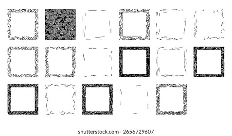 Quadros quadrados grunge com uma textura angustiada e arranhada. Um conjunto de elementos de borda abstratos em vários estilos para projetos de design modernos.