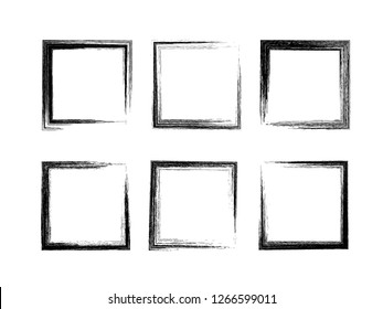 Grunge Square Frames. Set Of 6 Different Hand Drawn Rectangle Borders. Pencil Stroke. Box For Picture Or Text. Social Media Post Layout. Vector Illustration. Easy To Edit Template For Your Design. 