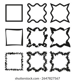 Grunge square icons. Irregular border shapes. Vector contour collection. Abstract black frames.