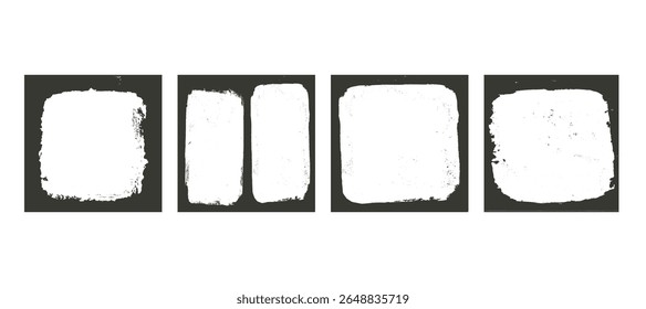 Quadros de fotos quadradas Grunge definir modelos. Borda de tinta com bordas ásperas para cobertura. Sobreposições texturizadas retrô. Folhetos pretos antigos retangulares sobre fundo transparente. Ilustração vetorial.