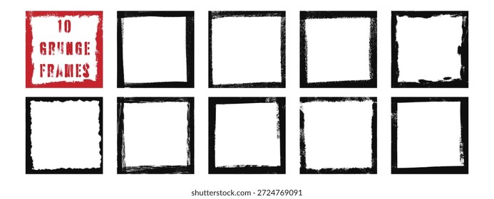 Grunge quadratische Fotorahmen gesetzt. Schwarze Ränder mit ungeraden Kanten. Vintage schmutzige Textur Frame Kollektion für Poster und Social Media