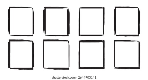 Quadros quadrados e retangulares do Grunge. Coleções de bordas de retângulo. Linha de quadro de retângulo. estilo de desenho de contorno de forma quadrada à mão. Ilustração vetorial isolada sobre fundo branco.