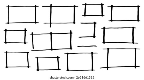 Grunge square and rectangle frames. hand-drawn rectangular frames. Ink empty black boxes set. Rectangle borders collections. Rubber square stamp imprint. Vector illustration isolated on white backgrou