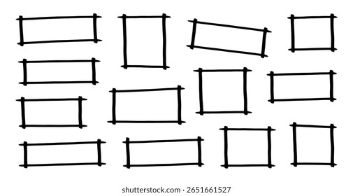 Quadros quadrados e retangulares Grunge. Quadros retangulares desenhados à mão. Conjunto de caixas pretas vazias de tinta. Coleções de bordas de retângulo. Impressão de carimbo quadrado de borracha. Ilustração vetorial isolada no plano de fundo branco
