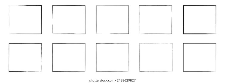 Grunge square and rectangle frames. Ink empty black boxes set. Rectangle borders collections. Rubber square stamp imprint.  isolated on white background. Vector illustration. EPS 10