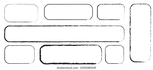 Grunge quadratische und rechteckige Rahmen. Freihandeingabe für leere schwarze Felder festgelegt. Kollektionen mit Rechteckrahmen. Quadratischer Stempelabdruck aus Gummi. isoliert auf weißem Hintergrund. Vektorillustration. EPS 10