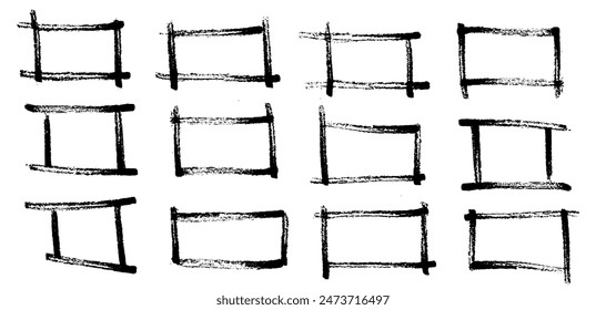 Grunge square and rectangle frames. Ink empty black boxes set. Rectangle borders collections. Rubber square stamp imprint. Vector illustration isolated on white background.