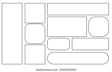Grunge square and rectangle frames. Ink empty black boxes set. Rectangle borders collections. Rubber square stamp imprint. isolated on white background. Vector illustration. EPS 10