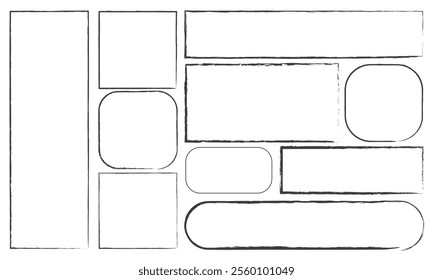 Grunge square and rectangle frames. Ink empty black boxes set. Rectangle borders collections. Rubber square stamp imprint. isolated on white background. Vector illustration. EPS 10