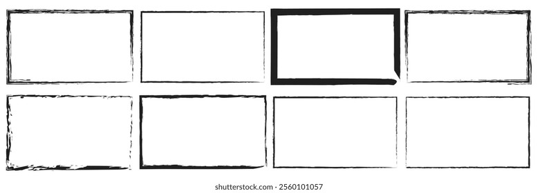 Grunge square and rectangle frames. Ink empty black boxes set. Rectangle borders collections. Rubber square stamp imprint. isolated on white background. Vector illustration. EPS 10