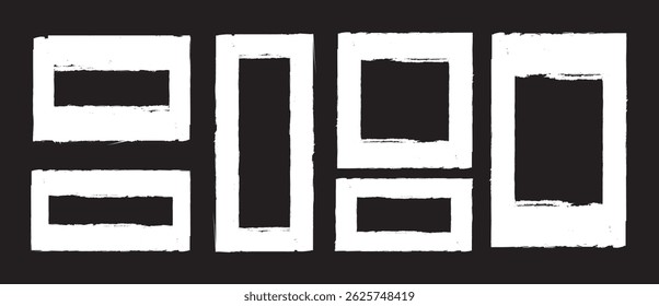 Grunge square and rectangle frames. Ink empty black boxes set. black monochrome border, rough old retro shabby splattered distressed vintage outline element vector illustration