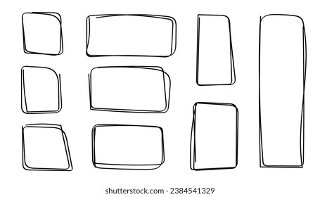 Grunge square set, hand-drawn encircle rectangle highlight elements. Sketchy important marker accentuation,doodle frame design. Isolated. Vector illustration.