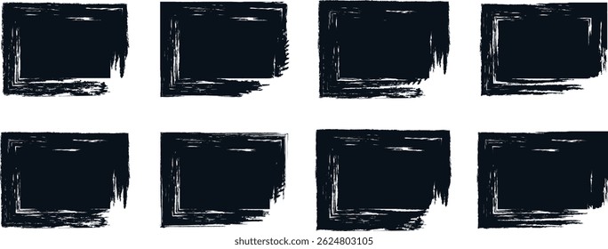 Conjunto quadrado Grunge. Quadros texturizados Grunge. Conjunto de modelos de quadrado grunge. Formas retangulares desenhadas à mão. Quadros de design sujos grunge. Quadrados ou formas retangulares pintados de preto. Caixa quadrada com desenho em giz