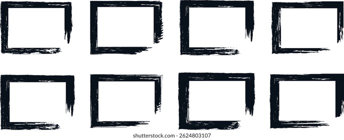 Conjunto quadrado Grunge. Quadros texturizados Grunge. Conjunto de modelos de quadrado grunge. Formas retangulares desenhadas à mão. Quadros de design sujos grunge. Quadrados ou formas retangulares pintados de preto. Caixa quadrada com desenho em giz