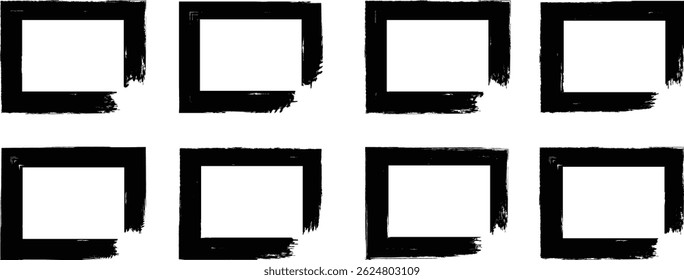 Grunge square set. Grunge textured frames. Set of grunge square template. Hand drawn rectangular shapes. Dirty grunge design frames. Black painted squares or rectangular shapes. Chalk drawn square box