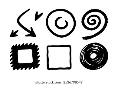Grunge cuadrado, espiral, elemento de flecha garabato línea pincel dibujado a mano boceto Ilustración vectorial plana sobre fondo blanco