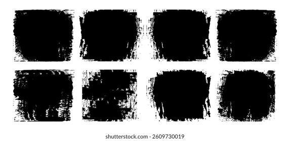Grunge square template. Chalk texture on blackboard. Vector white brush stroke rectangles on black background. Scribble stain blob banners. rectangular grungy backdrops. 