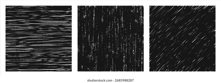 Grunge quadratischen strukturierten Handpinsel Tinte gezeichnet Text Hintergründe gesetzt. Chaotisch gestreifte dünne parallele diagonale Schraffur, grungy ungleichmäßige Schraffierungen strikes Streifen Textur. Schwarz-weiße abstrakte Vorlagen.