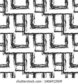 Grunge squares seamless pattern. black and white tiled squares background. Repeat abstract geometric grungy backdrop. Rough lines. Dirty stripes. Doodle line art textured geometry ornament. Isolated