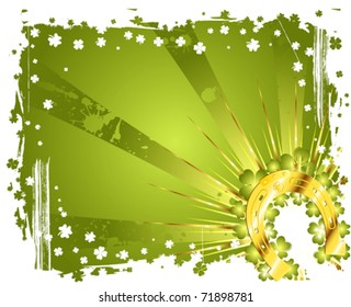 Grunge St. Patrick Day frame with gold horseshoe, vector illustration
