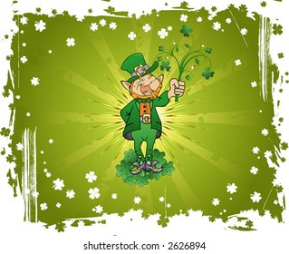 Grunge St. Patrick's Day background with clover and leprechaun