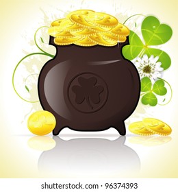 Grunge St. Patrick's Day Background with Cauldron, Coins and Clover Leaf, vector illustration
