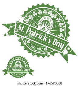 Grunge St. Patrick's Day Stamps with Clover and Horseshoe, vector isolated on white background