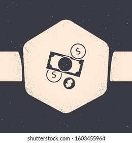 Grunge Stacks paper money cash and coin money with dollar symbol icon isolated on grey background. Money banknotes stacks. Monochrome vintage drawing. Vector Illustration