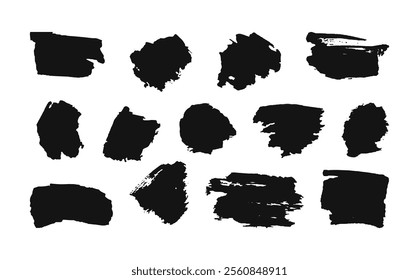 Grunge Stain of black paint. Various black brush strokes of different shapes and sizes are arranged on a white background, perfect for enhancing artistic and design projects with a modern touch.