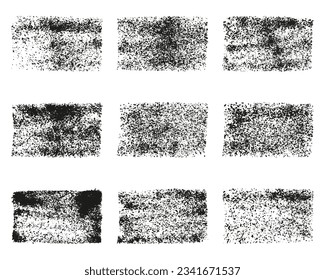 Grunge Stain Rectangle Set. Rough Texture Paint Brush Collection. Messy Abstract Design Element. Vintage Paintbrush Ink, Black Square Old Stamp. Hand Drawn Art. Isolated Vector Illustration.