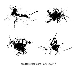 Grunge stains background. Ink splatter. Spray splashes backdrop. Liquid stains isolated. Paint brush strokes and drops texture. Abstract vector illustration.