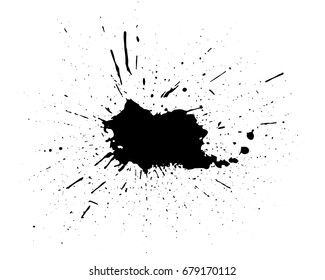 Grunge stains background. Ink splatter. Spray splashes backdrop. Liquid stains isolated. Paint brush strokes and drops texture. Abstract vector illustration.