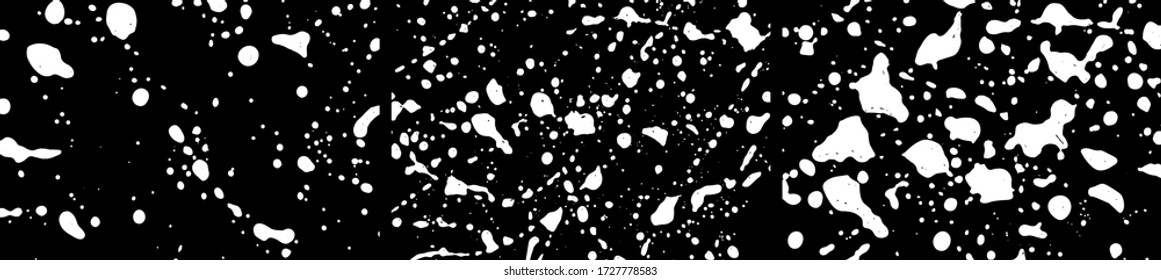 Grunge stains backgrounds set. Ink splatter. Paint splashes detailed backdrop. Liquid stains. Soap foam texture. Paint brush strokes and drops. Abstract vector illustration.